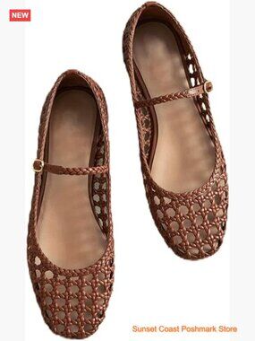 Woven Mesh Ballet Flats Square Toe Mary Jane Buckle Strap Comfortable